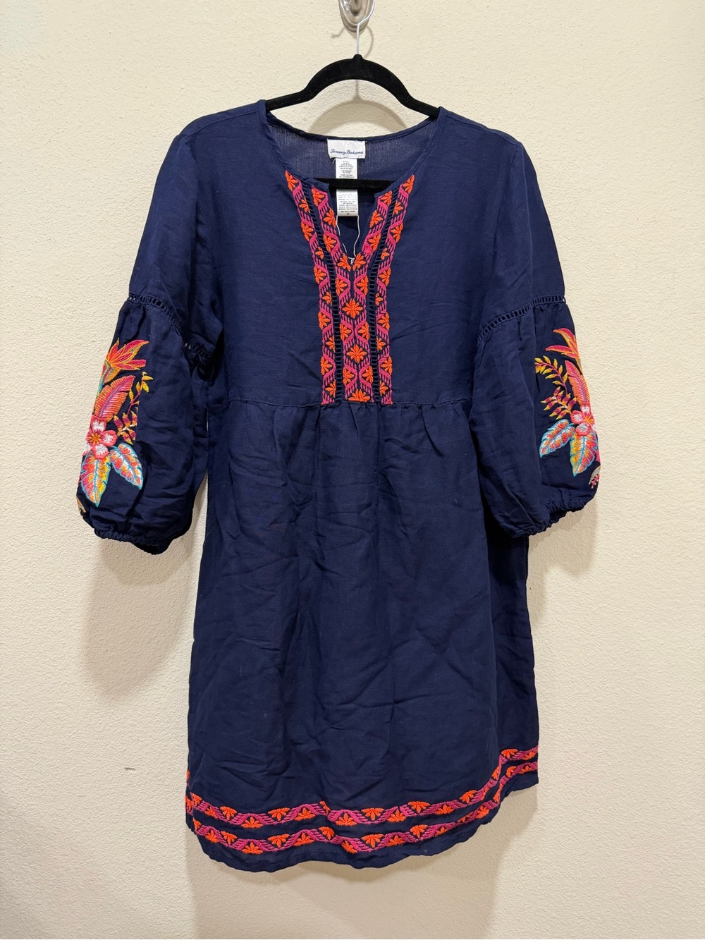 Tommy Bahama S/P Navy Linen Blend Embroidered Floral Boho Dress Pockets NWOT